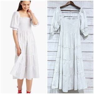 Hill House Home Nesli Nap Dress White Smocked Puff Sleeve Midi Cottagecore XS